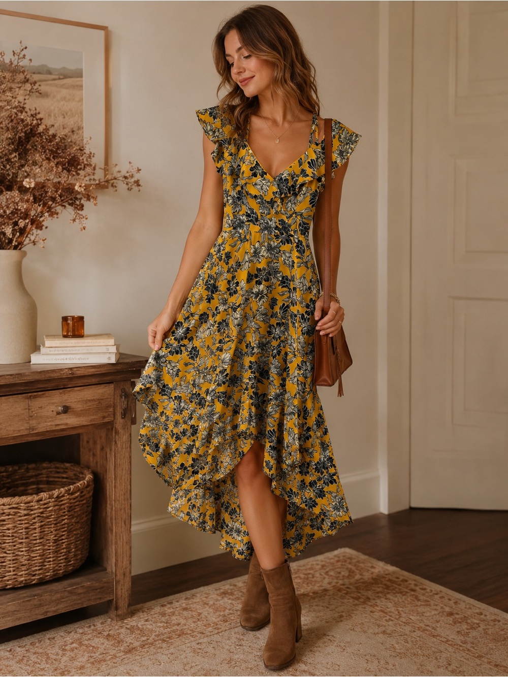BCX Mustard Floral Wrap Dress — Size Medium